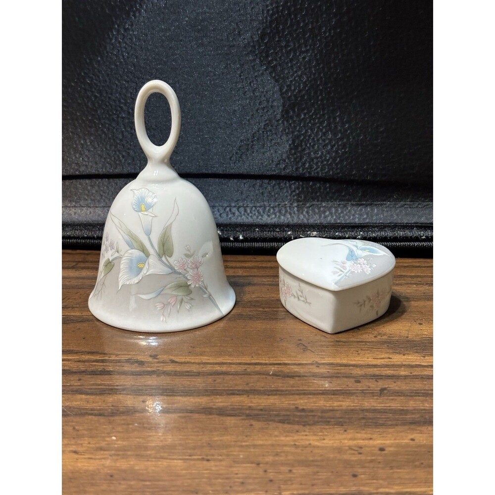 Vintage Russ Berrie Porcelain Vanity Set, Calla Lily Bell And Heart Trinket Box